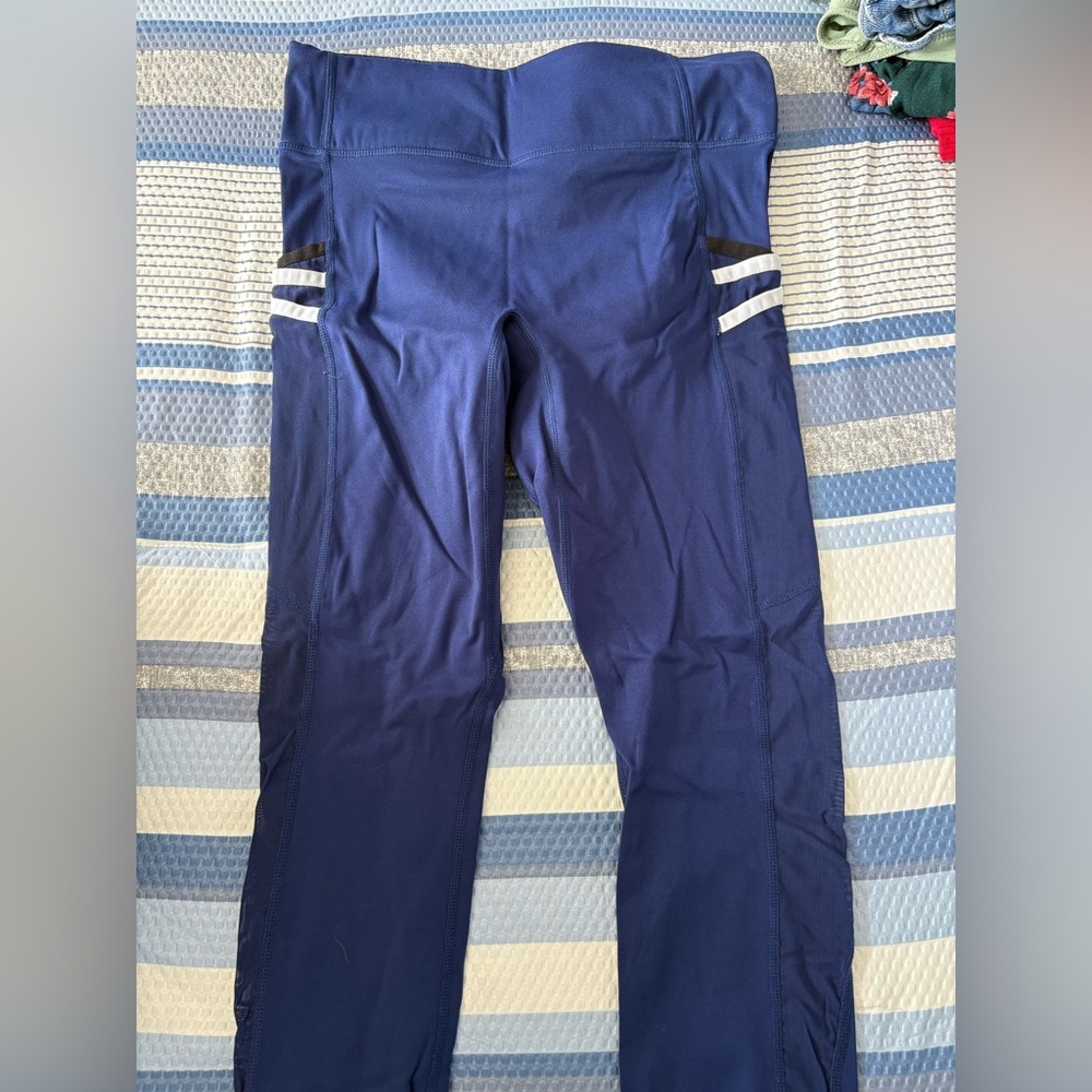 Fabletics Navy Blue Athletic Leggings with Striped Detail